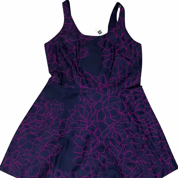 NWT GAP Floral Fit &Flare Dress In Navy Blue/ Fuchsia Purple Size 16 - Picture 4 of 12